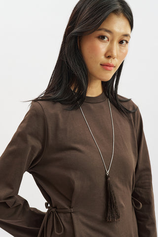 Waist Tie Long Sleeve T Shirt Dark Brown