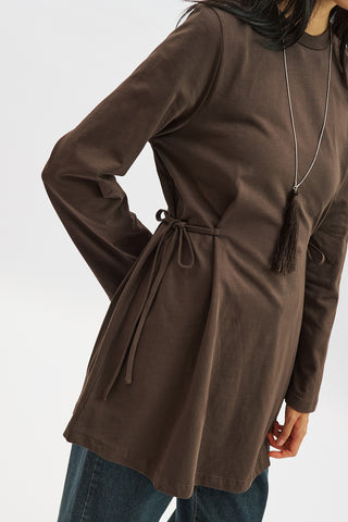 Waist Tie Long Sleeve T Shirt Dark Brown