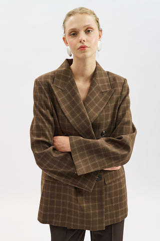 Double-Breasted Checked Blazer Brown