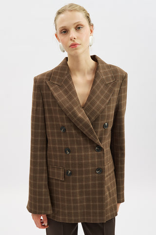 Double-Breasted Checked Blazer Brown