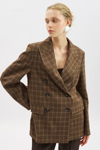 Double-Breasted Checked Blazer Brown