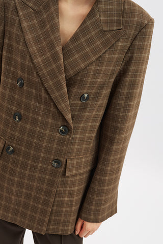 Double-Breasted Checked Blazer Brown