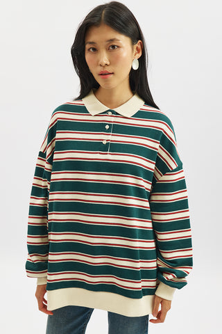 Polo Collar Oversized Sweatshirt Green