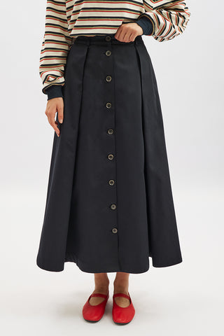 Lula Buttoned Skirt With Pleat Detail Navy Blue