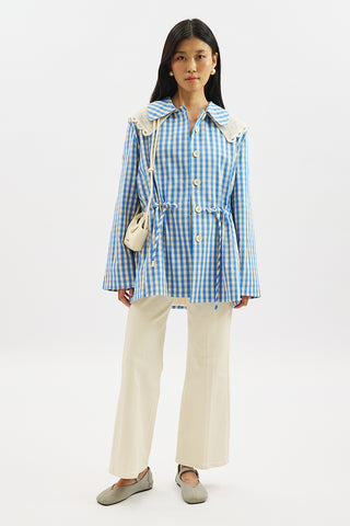 Belted Wide Collar Jacket Plaid