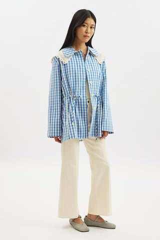 Belted Wide Collar Jacket Plaid