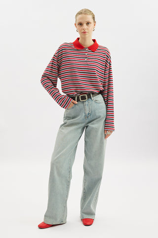 Striped Polo Collar Sweatshirt Red