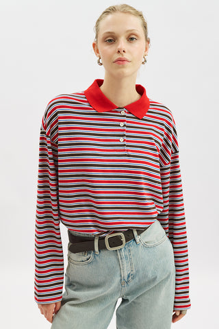 Striped Polo Collar Sweatshirt Red