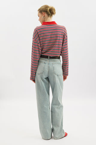 Striped Polo Collar Sweatshirt Red