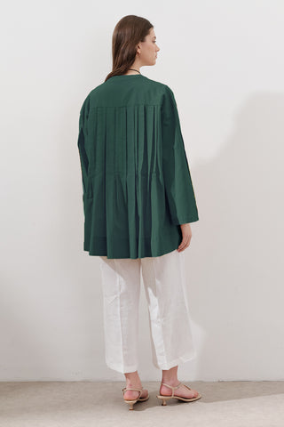 Pleated Wide-Sleeve Tunic Dark Green