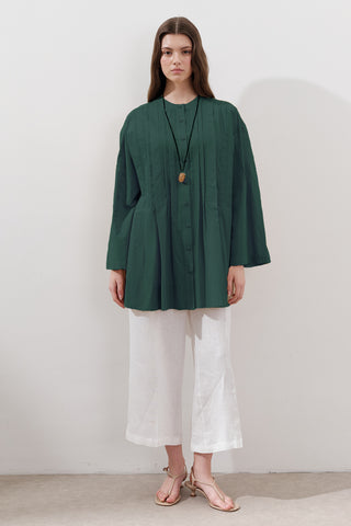 Pleated Wide-Sleeve Tunic Dark Green