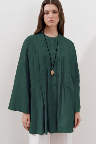 Pleated Wide-Sleeve Tunic Dark Green