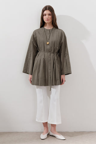 Pleated Wide-Sleeve Tunic Dark Khaki