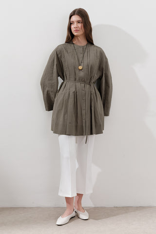Pleated Wide-Sleeve Tunic Dark Khaki