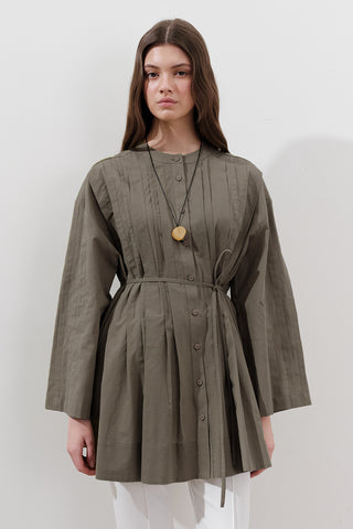 Pleated Wide-Sleeve Tunic Dark Khaki
