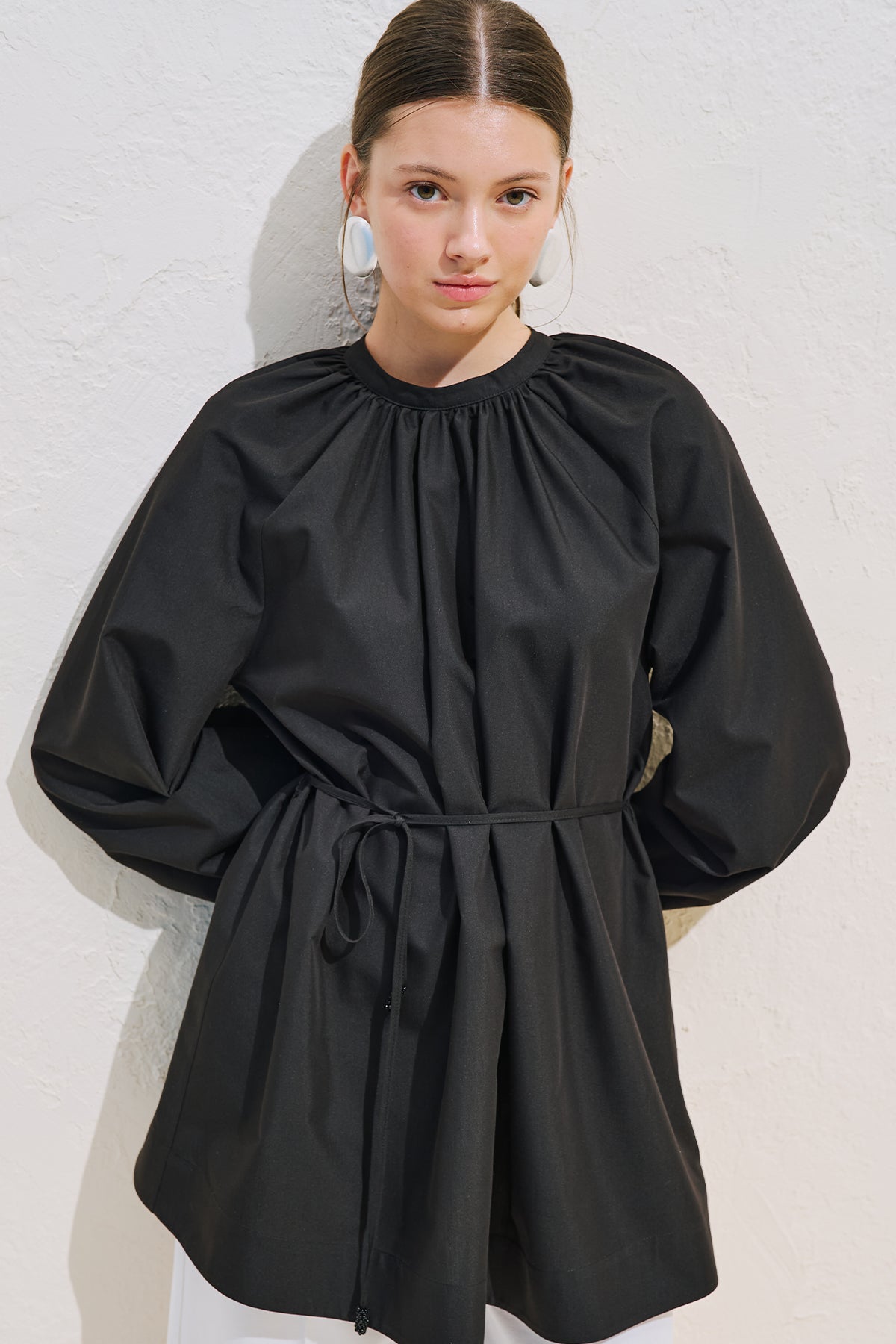 Belted Balloon Sleeve Tunic Black