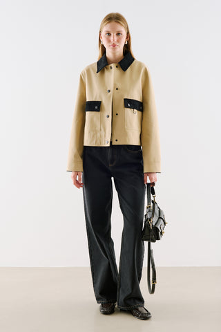 Velvet Collar Cropped Jacket With Pockets Camel