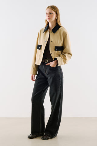 Velvet Collar Cropped Jacket With Pockets Camel