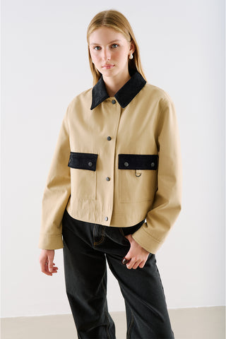 Velvet Collar Cropped Jacket With Pockets Camel