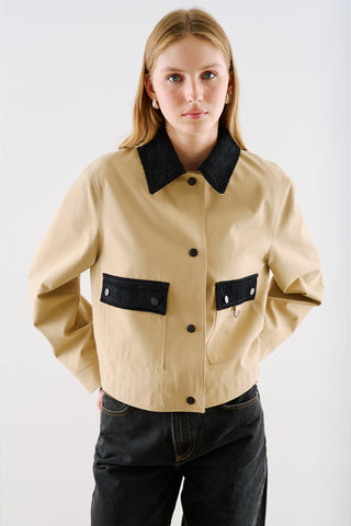 Velvet Collar Cropped Jacket With Pockets Camel
