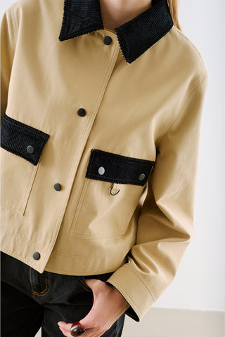 Velvet Collar Cropped Jacket With Pockets Camel