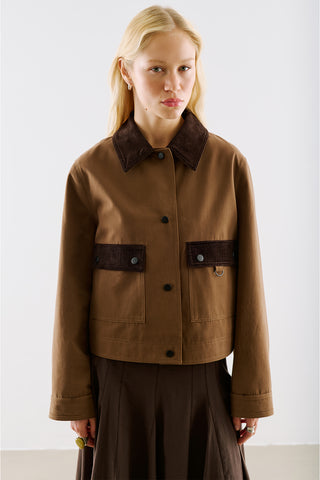 Velvet Collar Cropped Jacket With Pockets Khaki