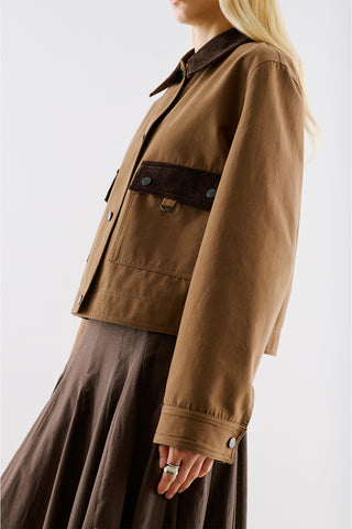 Velvet Collar Cropped Jacket With Pockets Khaki