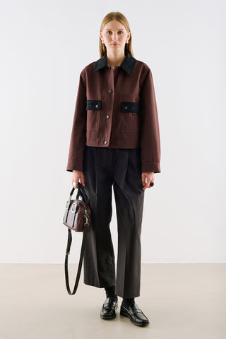 Velvet Collar Cropped Jacket With Pockets Brown