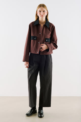 Velvet Collar Cropped Jacket With Pockets Brown