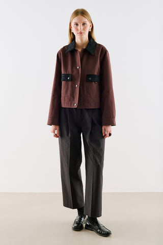 Velvet Collar Cropped Jacket With Pockets Brown