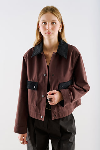 Velvet Collar Cropped Jacket With Pockets Brown