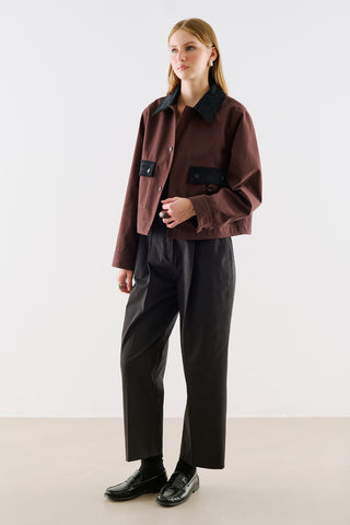 Velvet Collar Cropped Jacket With Pockets Brown
