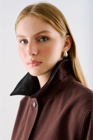 Velvet Collar Cropped Jacket With Pockets Brown