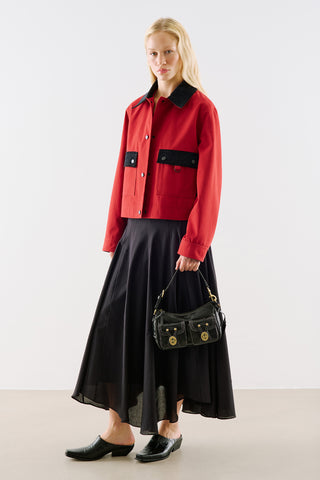 Velvet Collar Cropped Jacket With Pockets Red