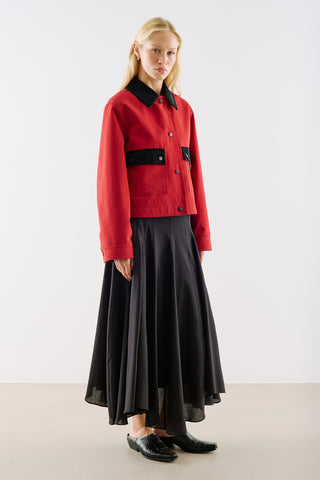 Velvet Collar Cropped Jacket With Pockets Red