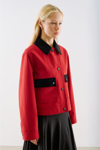 Velvet Collar Cropped Jacket With Pockets Red