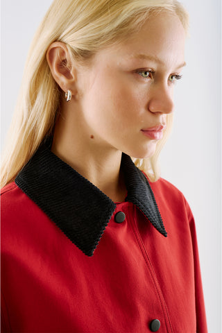 Velvet Collar Cropped Jacket With Pockets Red