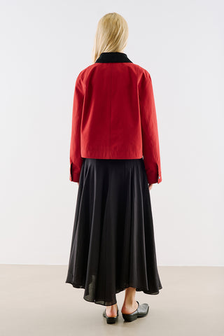 Velvet Collar Cropped Jacket With Pockets Red