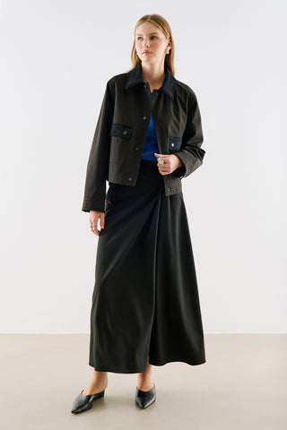 Velvet Collar Cropped Jacket With Pockets Black