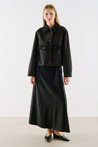 Velvet Collar Cropped Jacket With Pockets Black