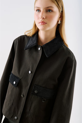 Velvet Collar Cropped Jacket With Pockets Black