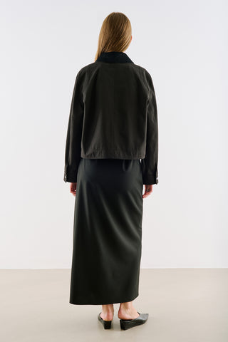 Velvet Collar Cropped Jacket With Pockets Black