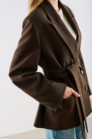 Belted Double Breasted Blazer Dark Brown