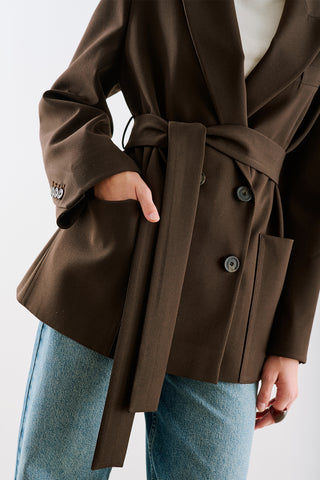 Belted Double Breasted Blazer Dark Brown