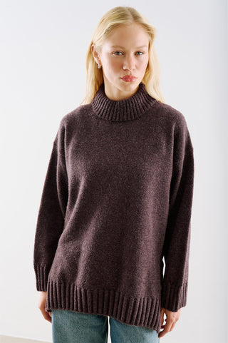 High-Neck Wool Knit Sweater Damson