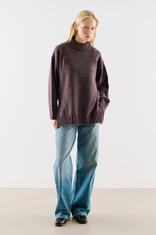 High-Neck Wool Knit Sweater Damson