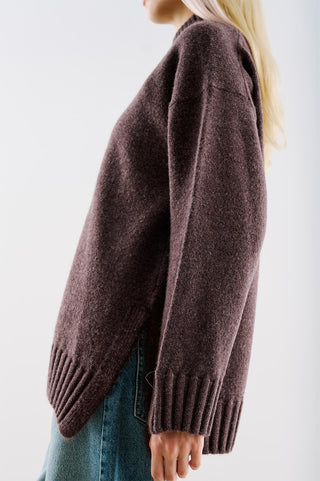 High-Neck Wool Knit Sweater Damson