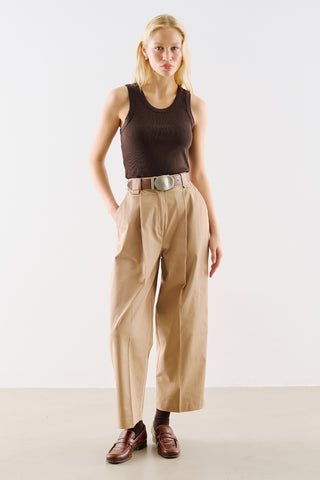 Pleated Gabardine Straight Leg Trousers Camel
