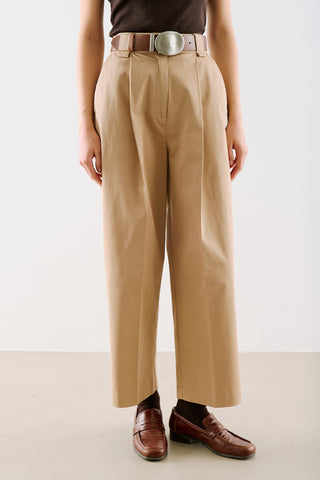Pleated Gabardine Straight Leg Trousers Camel