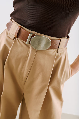 Pleated Gabardine Straight Leg Trousers Camel